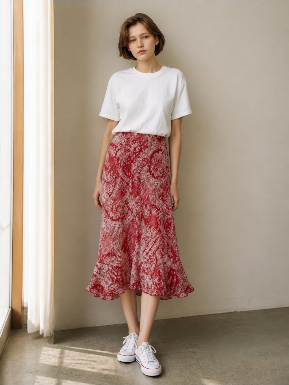 jonathan martin Red Paisley Midi Skirt